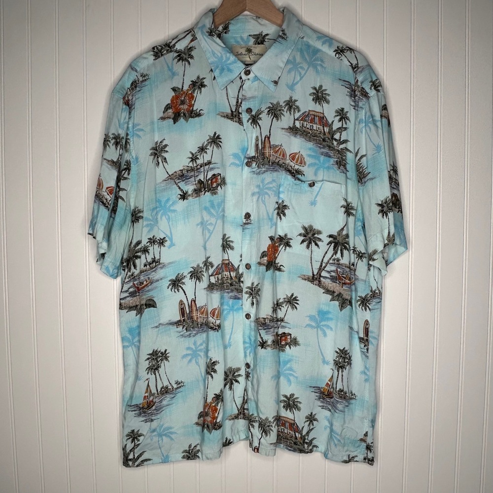 Island Shores Mens Hawaiian Shirt XL Blue Tropical Beach Rayon Button Down